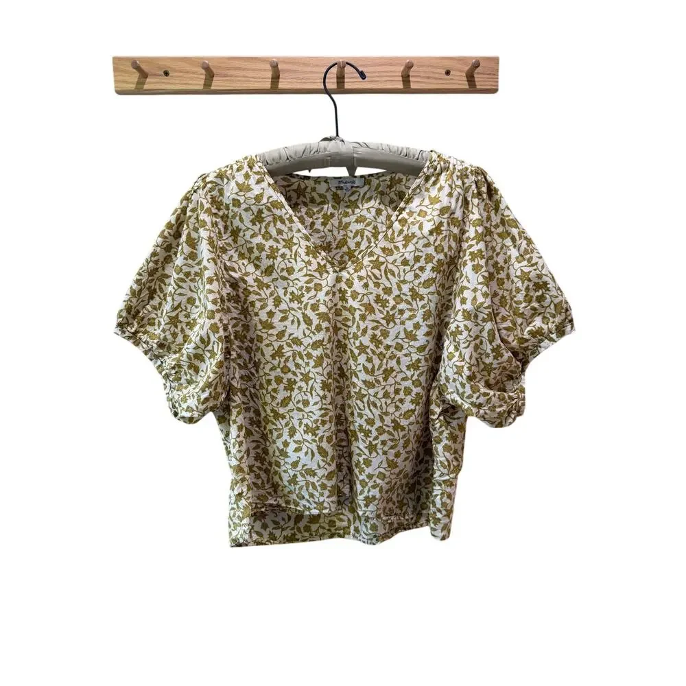 Madewell V Neck Batik Vine Mustard Tan Cotton Boho Prairie Puff Sleeve Size XL